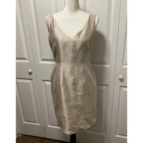 Gilar 100% Silk Fitted Hourglass Silhoutte Lined Sheath Dress Beige -Size 6 - Picture 3 of 14